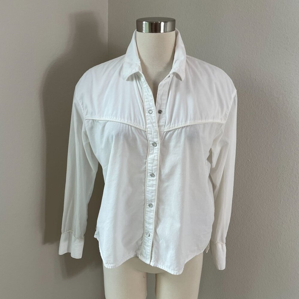 James Perse Womens Small White Pearl Snap Shirt Long‎ Sleeve Blouse Western Top